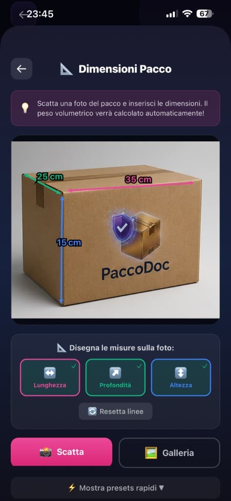 Schermata reale PaccoDoc con misurazione fotografica del pacco